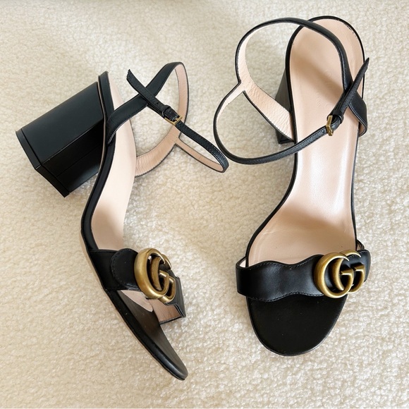 Gucci Shoes - Gucci Marmont Black Leather Block Heel Sandals Size EU 37